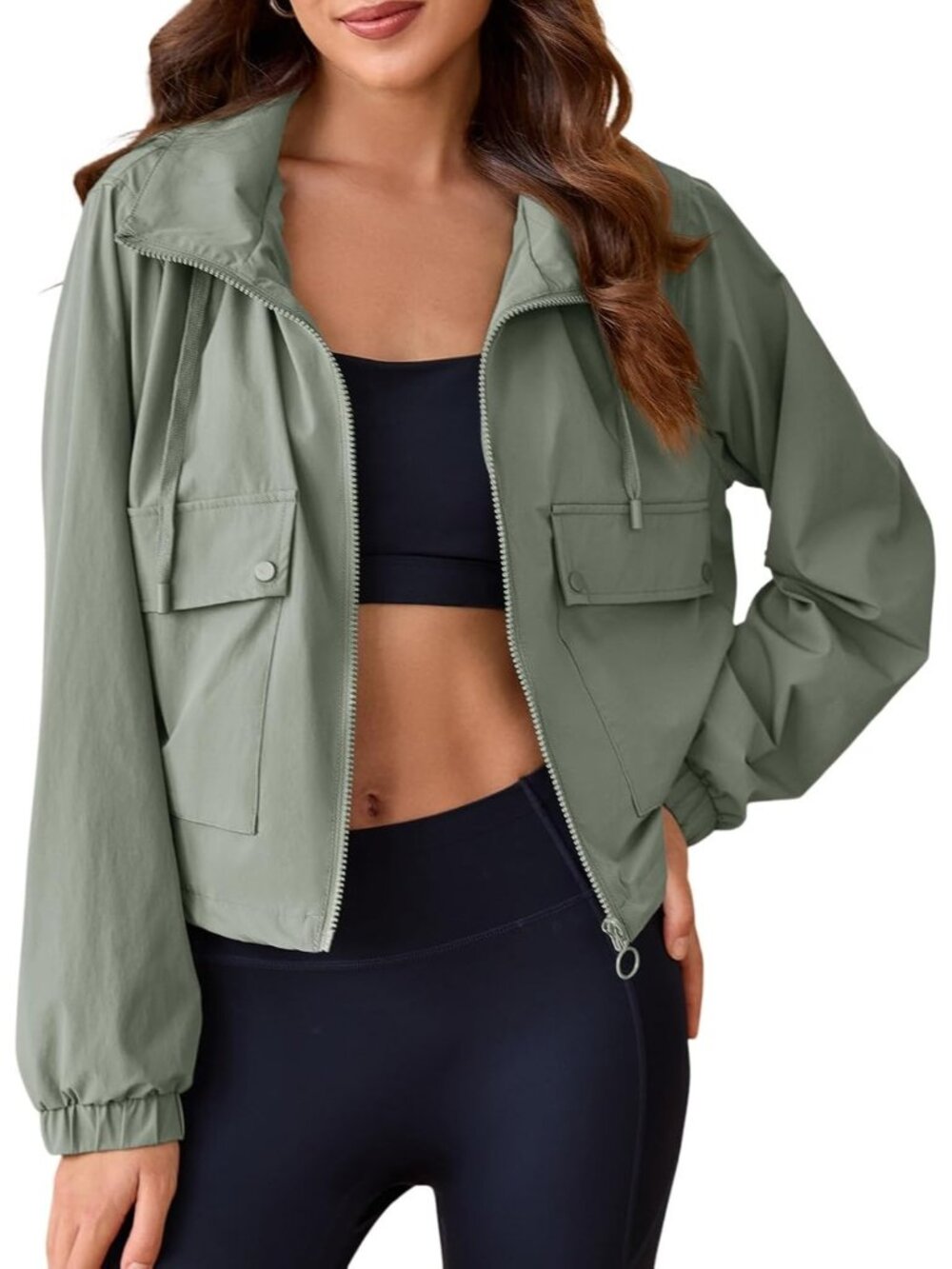 Women Army Green Elasticized Cuffs Long Sleeve Pocket Hooded Cropped Jackets